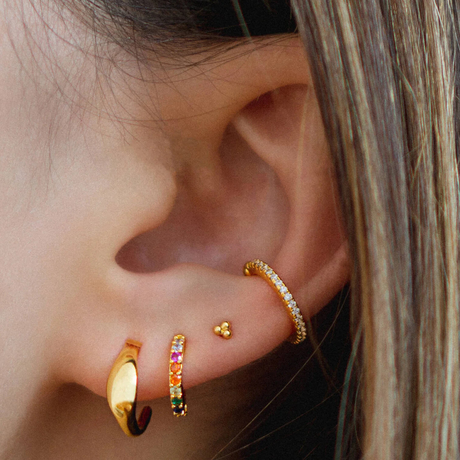 Trinity Ball Back Earrings in 14k Gold - Image 3